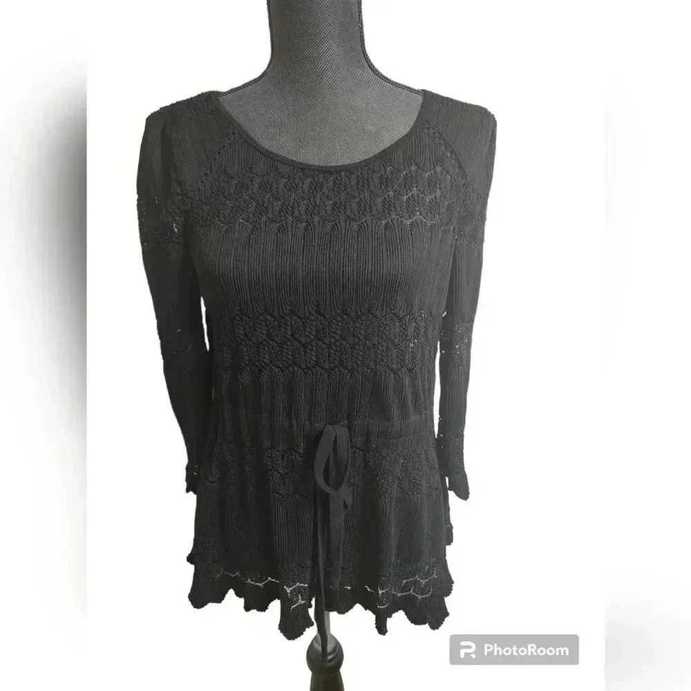 Free People Fire Island Lace Top mediumBlack Open Knit Cutout Back Bow Tie Waist